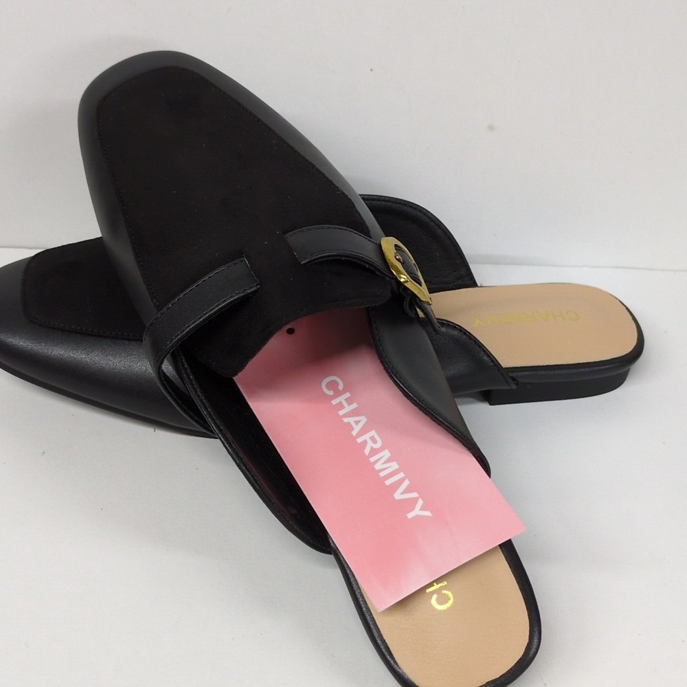 Charmivy Suede Mules Flat Square Toe Slip On Loafer Slides Shoes Buckle Size 10 - Picture 2 of 14